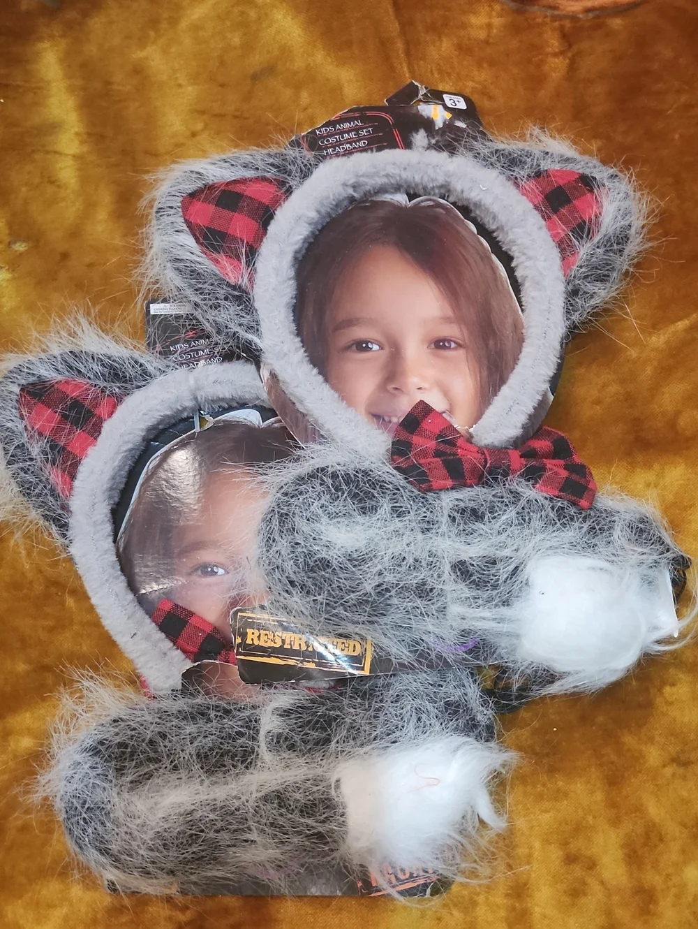(2pc) Kids Grey Furry Wolf/Kitty Headband with Red Plaid Details